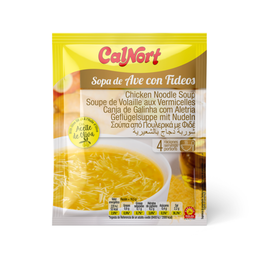 Soupe de Volaille aux Vermicelles avec l’huile d’Olive et sans graisse de palme. Sachet de 66 g, spécial pour le format de supermarché. Certifié halal.